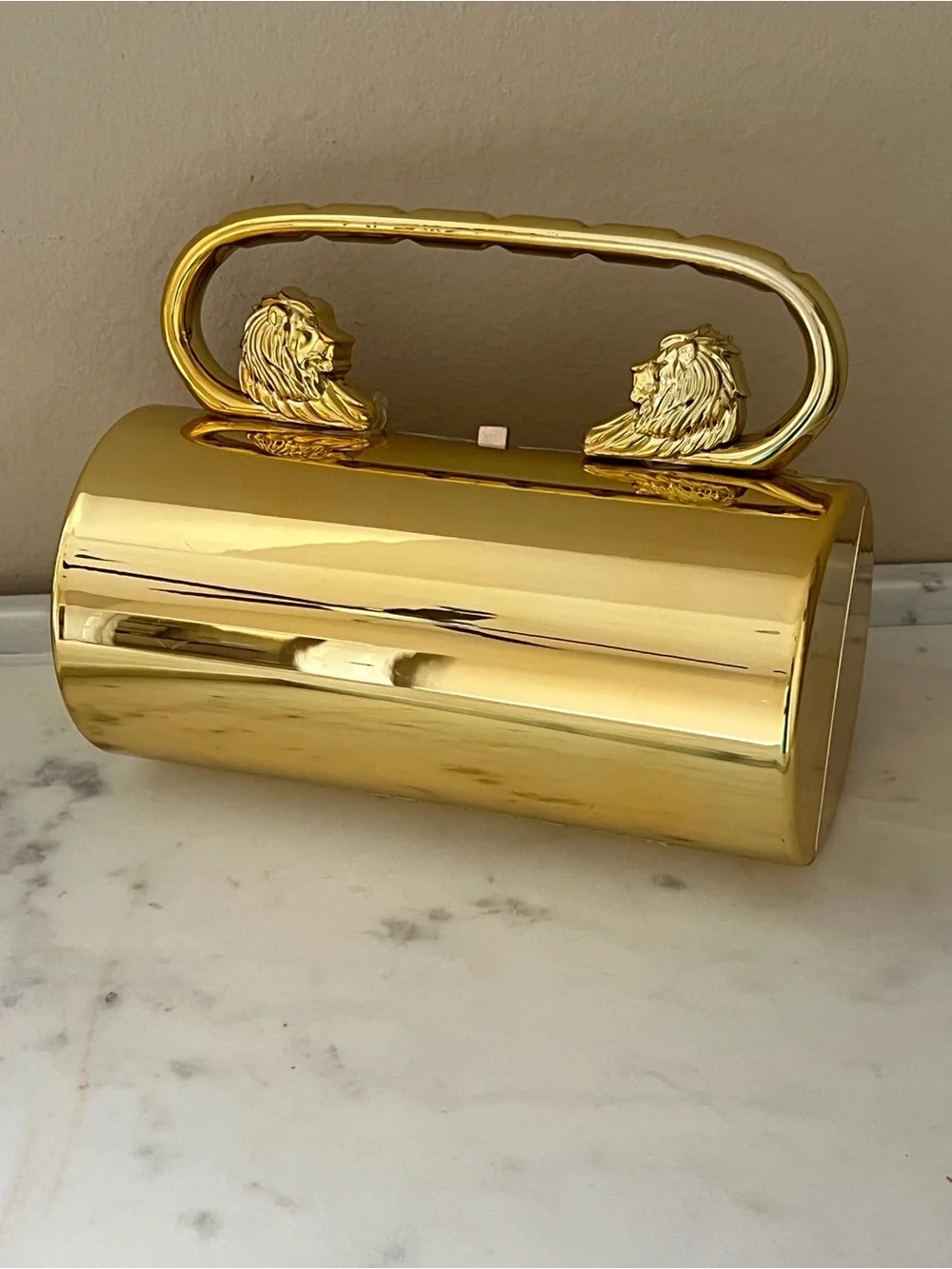 Gold Lion-Handle Cylindrical Minaudière Barrel Clutch